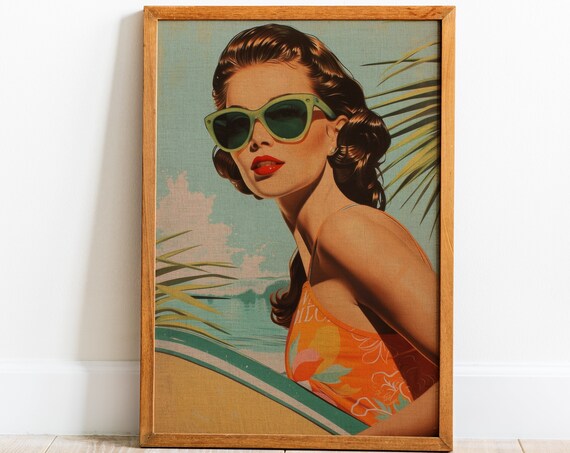Vintage Pin Up Girl Poster Retro Pop Art Trendy Beach House Decor Surfing Home Decor Summery Fine Art Print