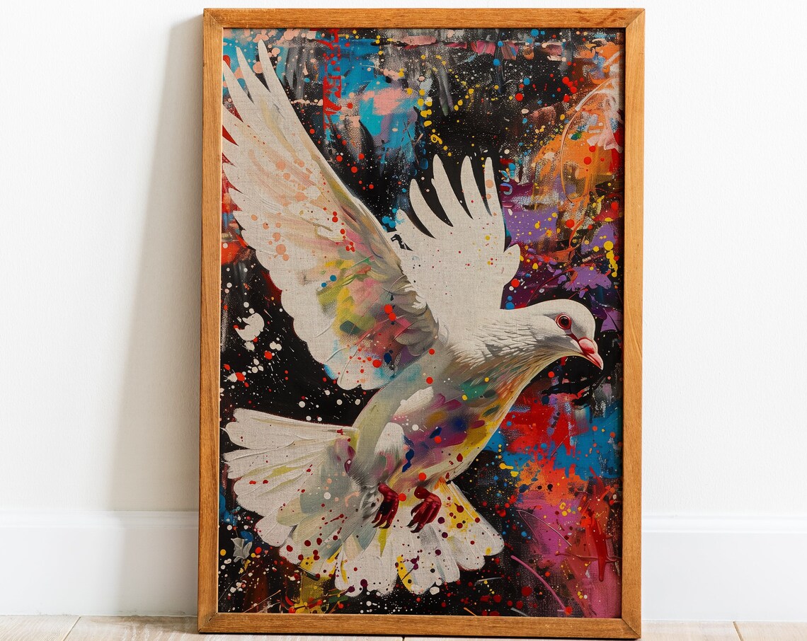 White Dove Flying Colorful Abstract Paint Splatter Symbol Print