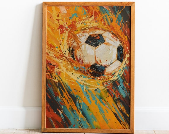Vibrant Soccer Ball Painting Trendy Wall Art Burning Football Poster Print Eclectic Sports Themed Wall Decor