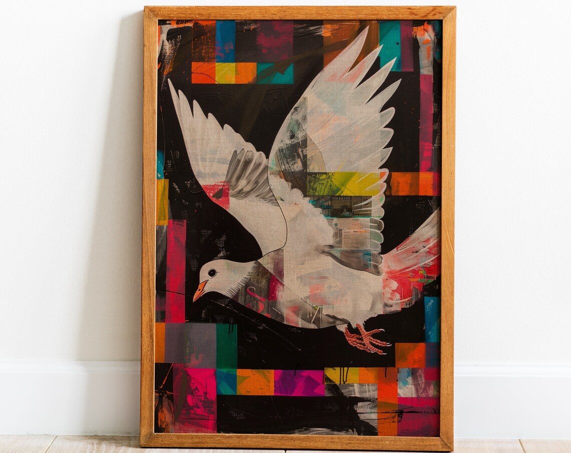 White Dove in Flight Modern Mosaic Color Block Geometric Bird Poster