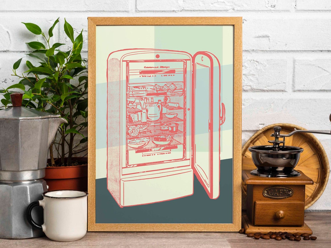 Vintage 1950s Refrigerator Kitchen Line Drawing Decor Wall Art