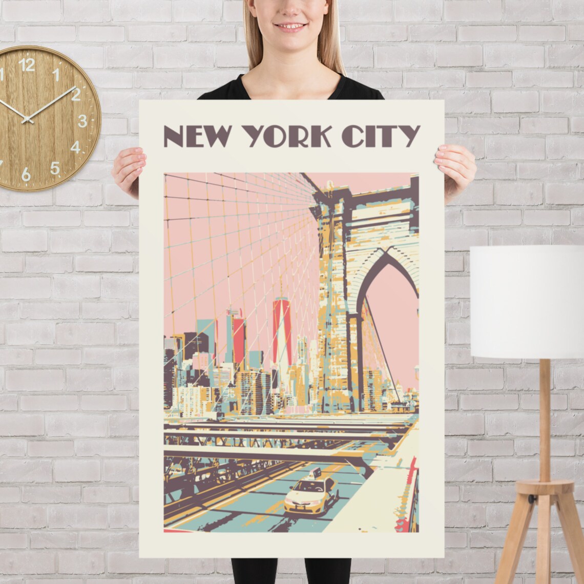 New York City Brooklyn Bridge Retro Pink Vintage Skyline Travel Poster