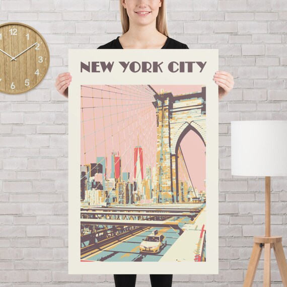 New York City Brooklyn Bridge Retro Pink Vintage Skyline Travel Poster