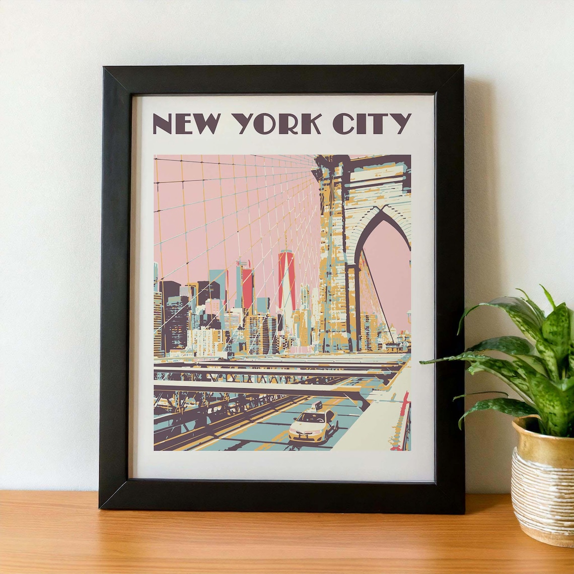 New York City Brooklyn Bridge Pink Sky Pop Art Travel Poster