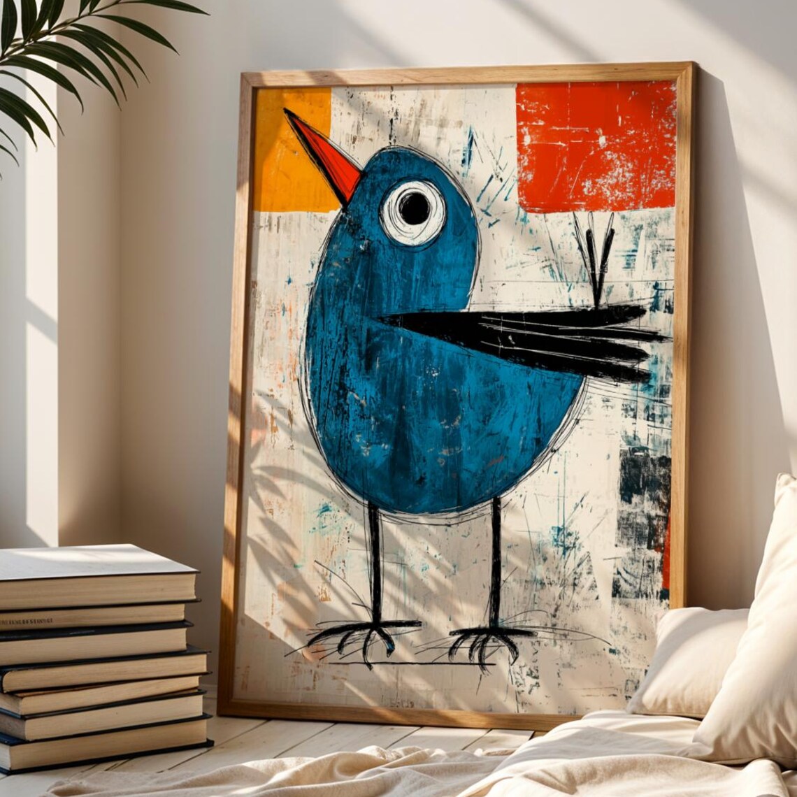 Blue Bird Naive Folk Art Print, Nursery Decor