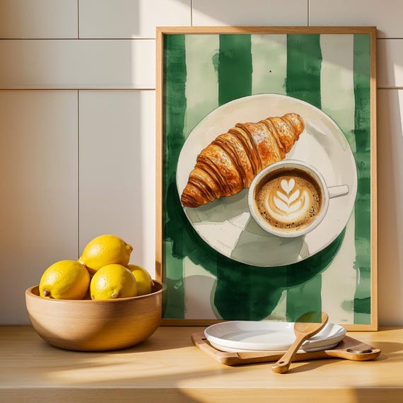 Croissant Coffee Print Emerald Green Kitchen Cafe Art