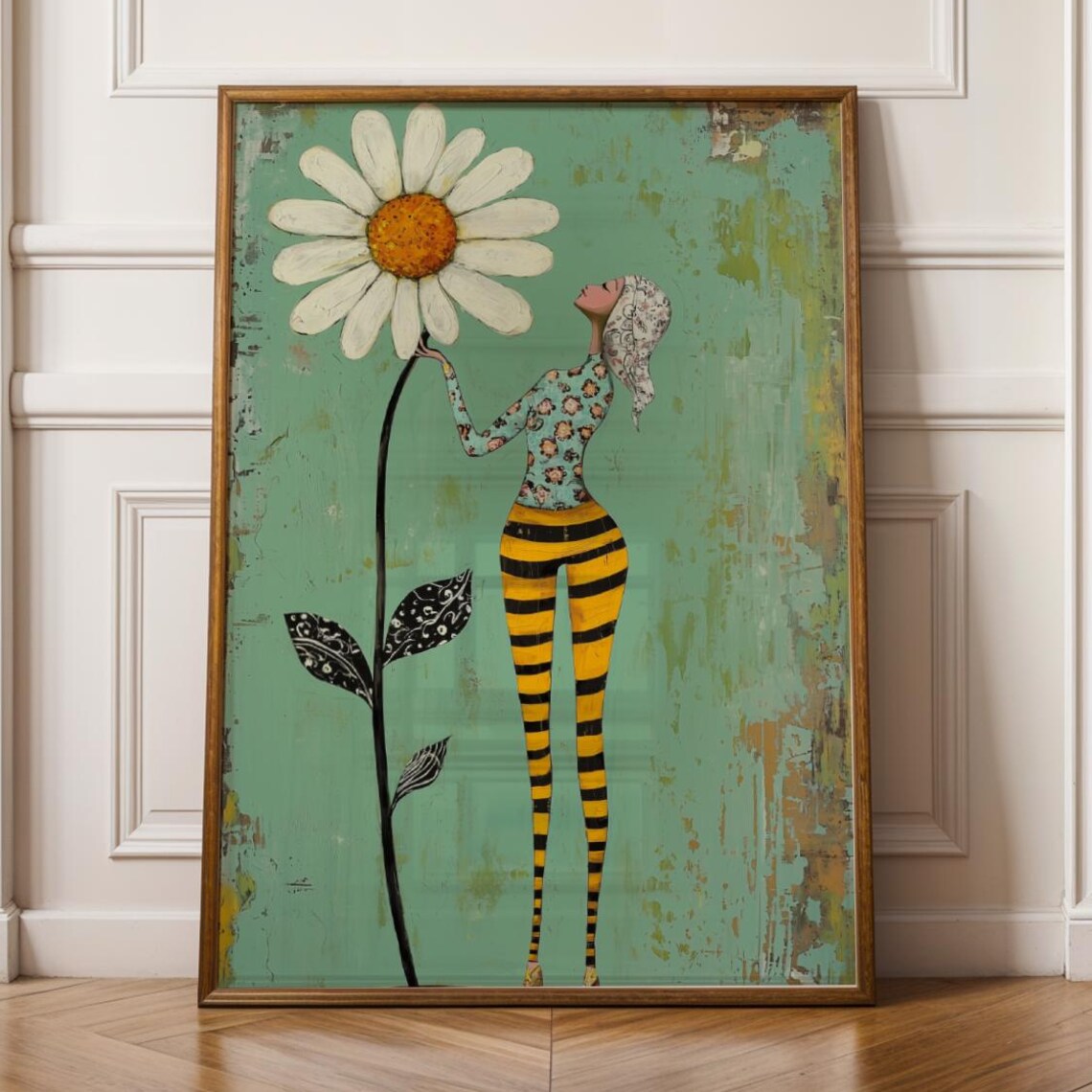 Abstract Floral Woman Portrait Print Striped Minimalist