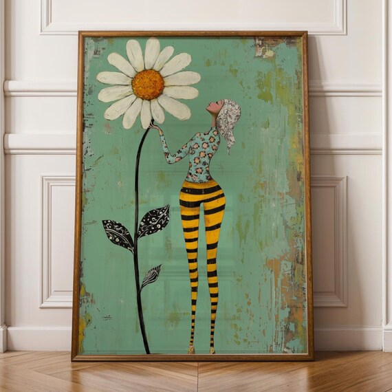 Abstract Floral Woman Portrait Print Striped Minimalist