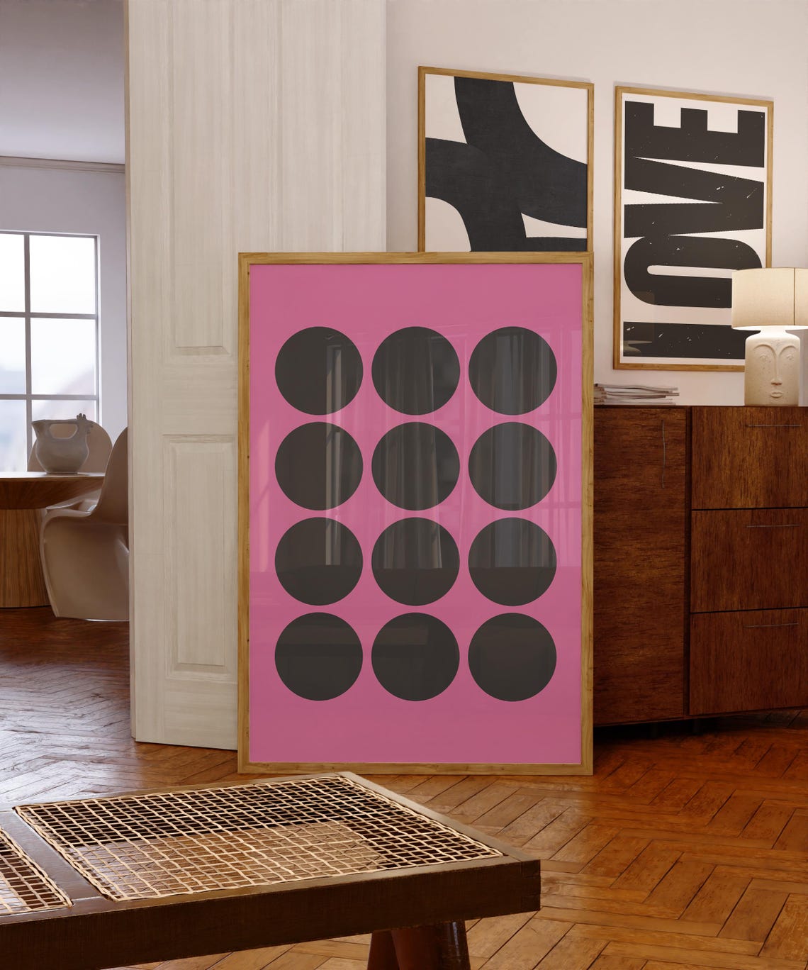 Black Circles Grid on Pink Retro Minimalist Geometric Art Poster