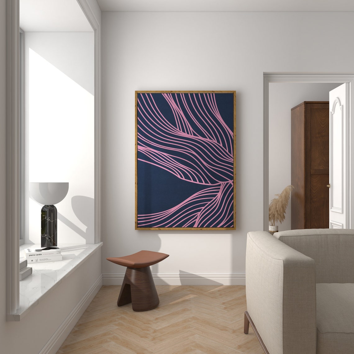 Navy Blue Pink Organic Wavy Lines Minimalist Abstract Wall Art - Image 2