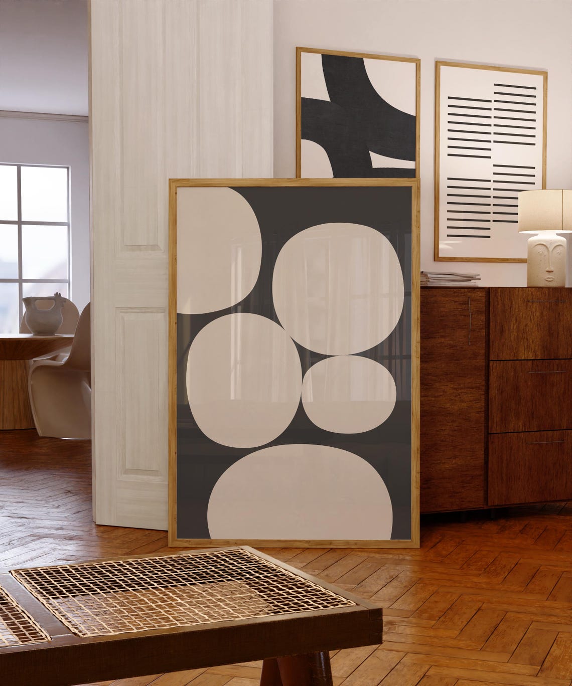 Cream Organic Circles On Charcoal Mid Century Modern Art Poster