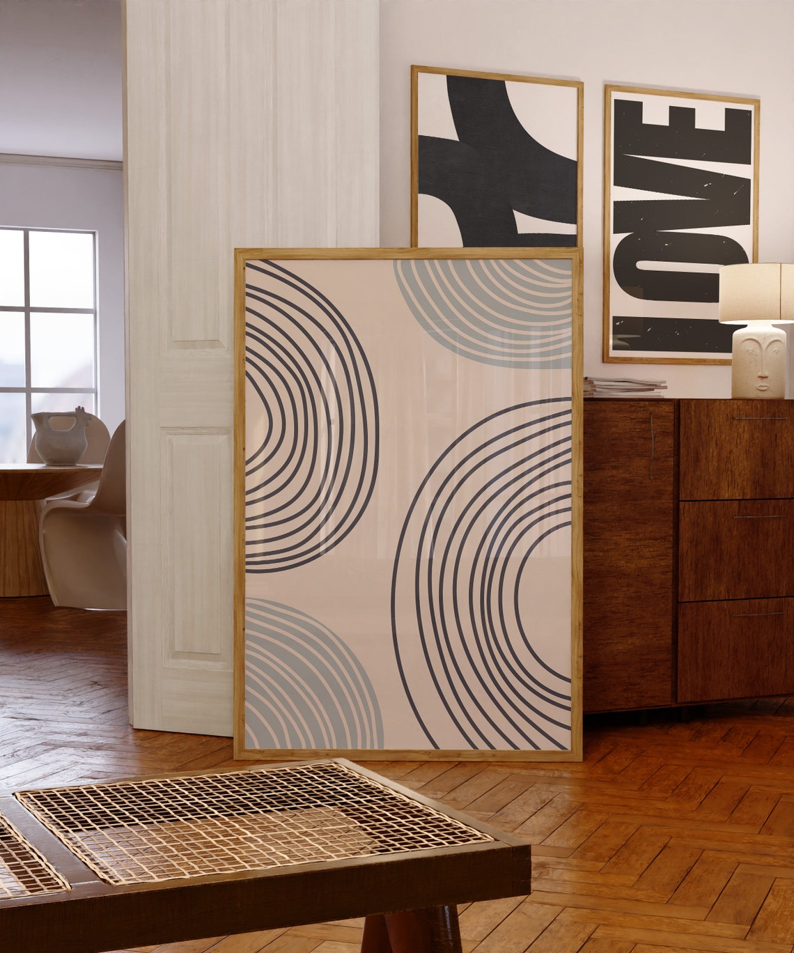 Beige Black Blue Concentric Arc Lines Minimalist Artwork Poster - Image 3