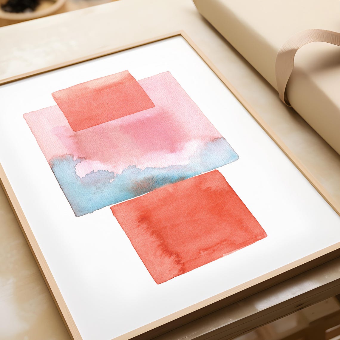 Coral and Ochre Watercolor Squares Geometric Abstract Poster - Image 3