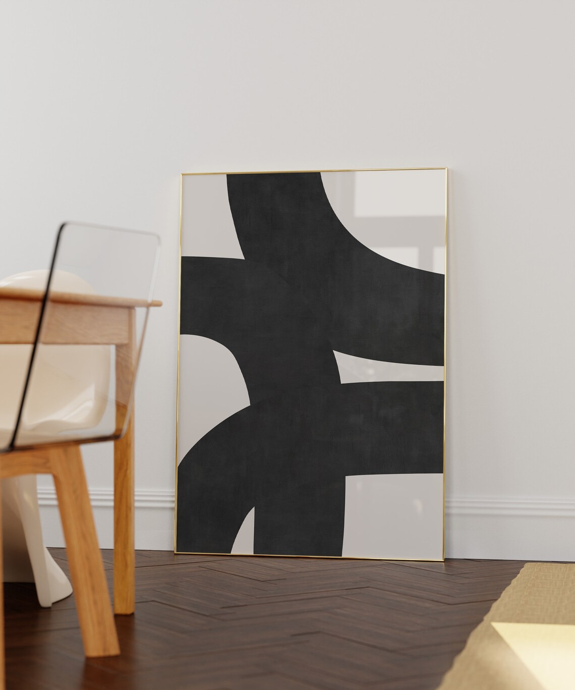 Midcentury Black Beige Lines Wall Art Print