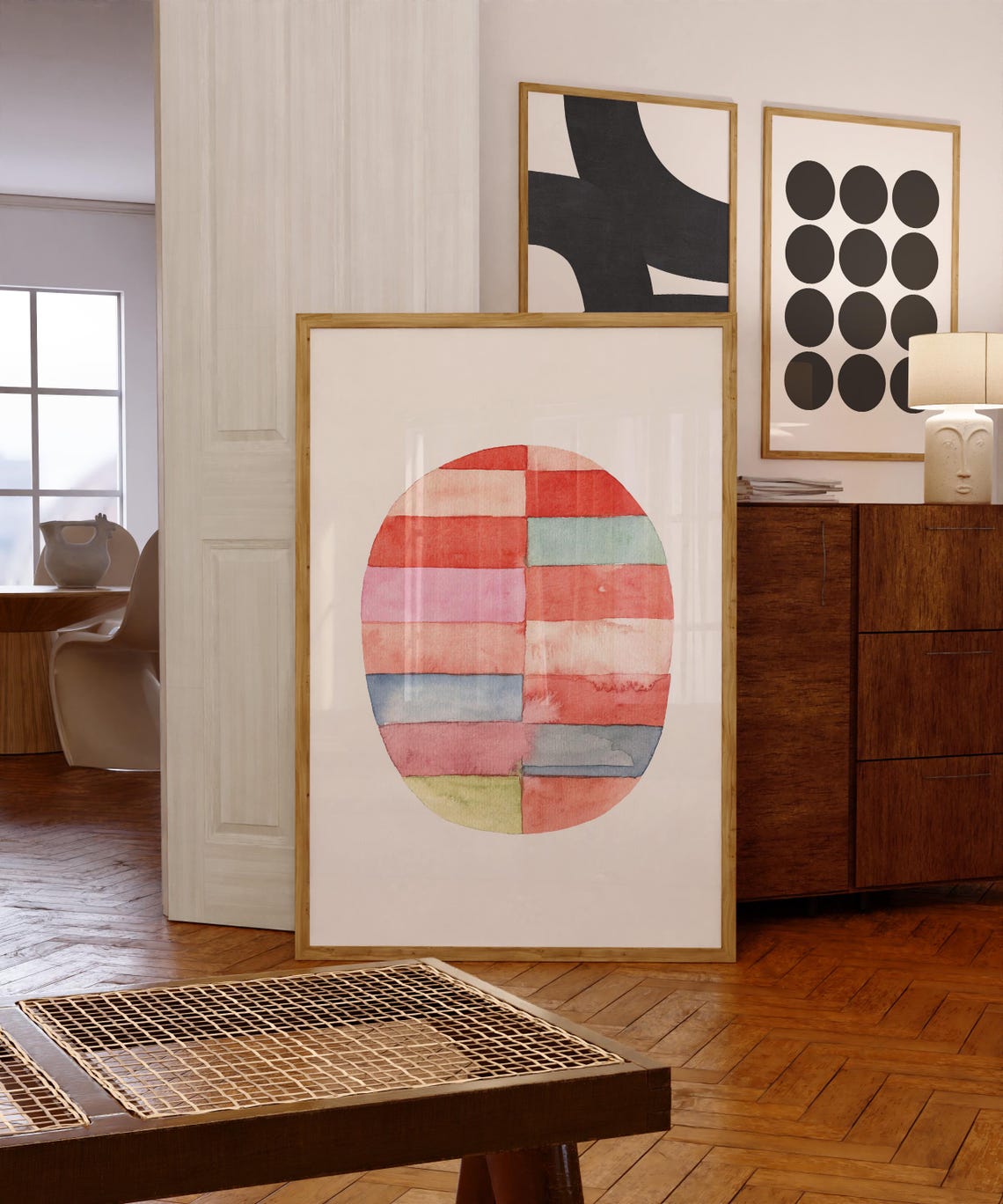 Watercolor Striped Circle Pink Red Blue Pastel Abstract Poster