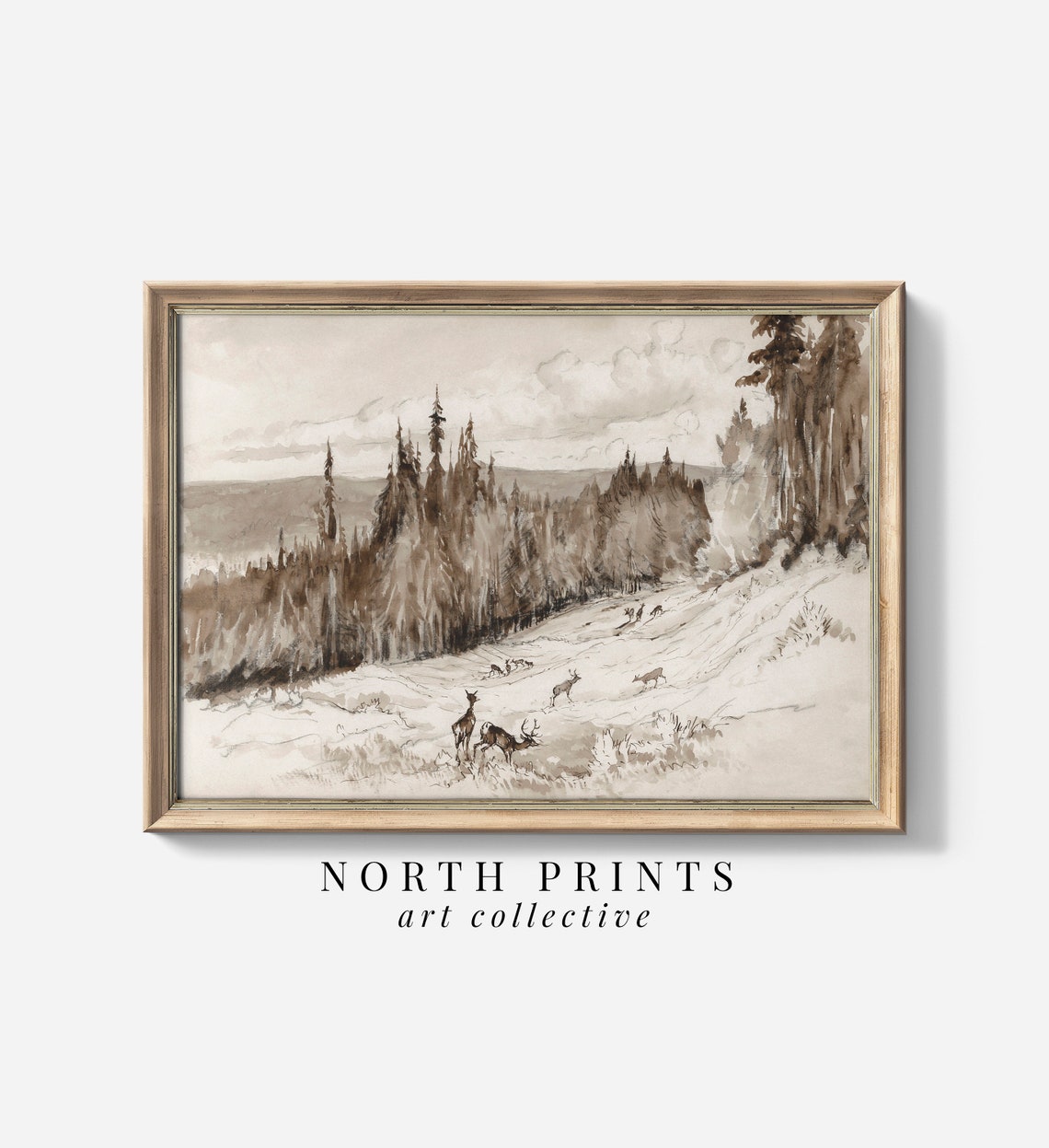 Rustic Deer Herd Pine Forest Hillside Sepia Watercolor Poster