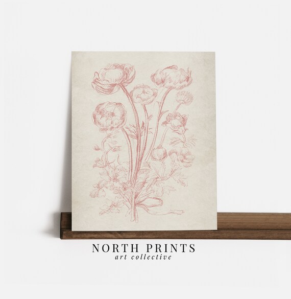 Pink Floral Wall Art Vintage Coral Pink Flower Sketch Art Print Botanical Country Nursery North Prints Sk1 22