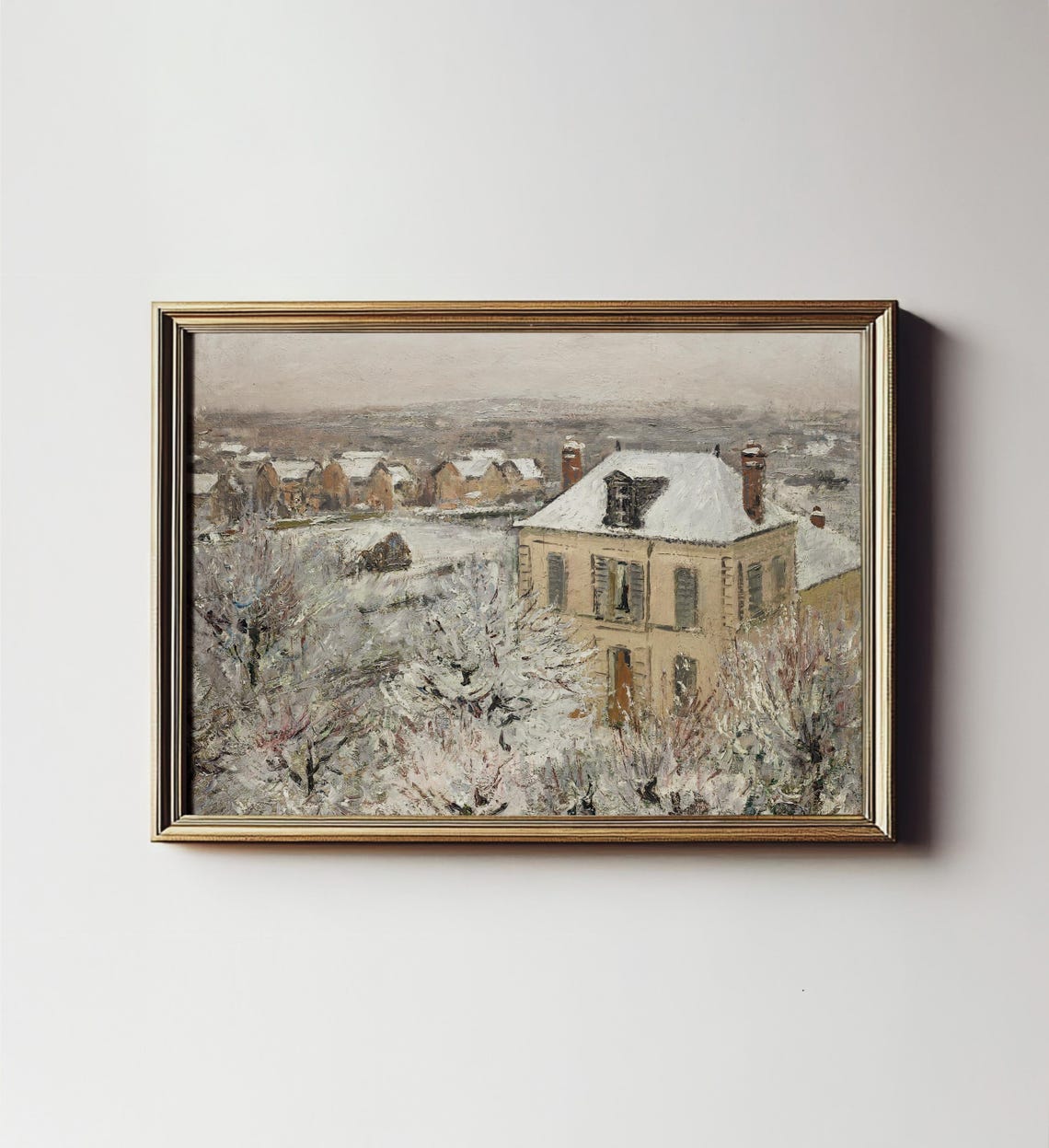 Antique Snowy Village Church Winter Town Impressionist Art Poster