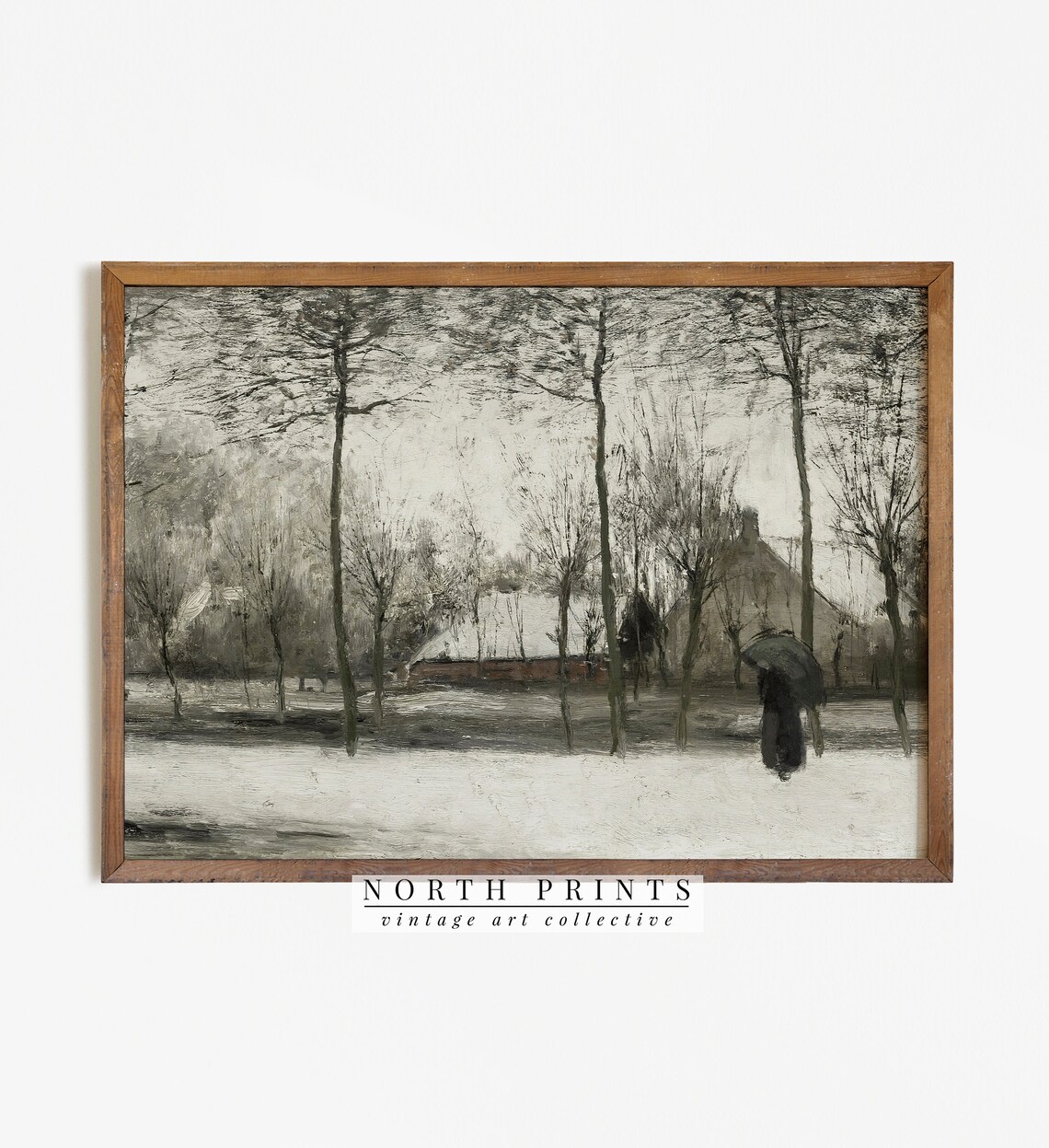 Snowy Winter Village Bare Trees Lone Figure Vintage Travel Poster