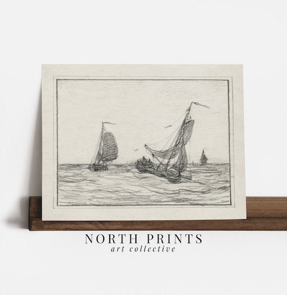 Vintage Sailboat Charcoal Sketch Nautical Sea Drawing Coastal Wall Art