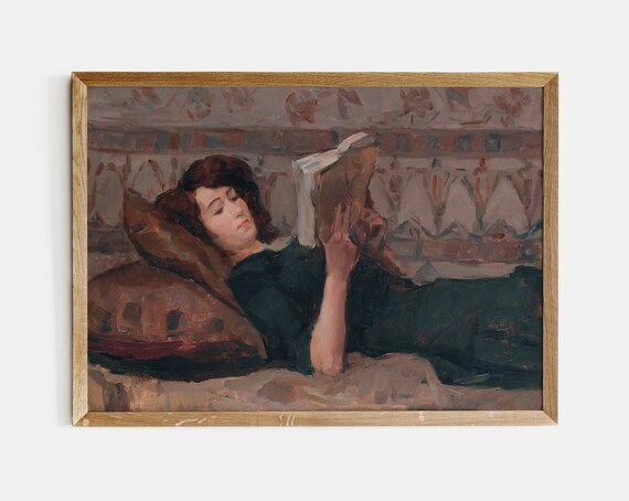 Vintage Woman Reading Book Oil Painting Antique Library Portrait Art Poster