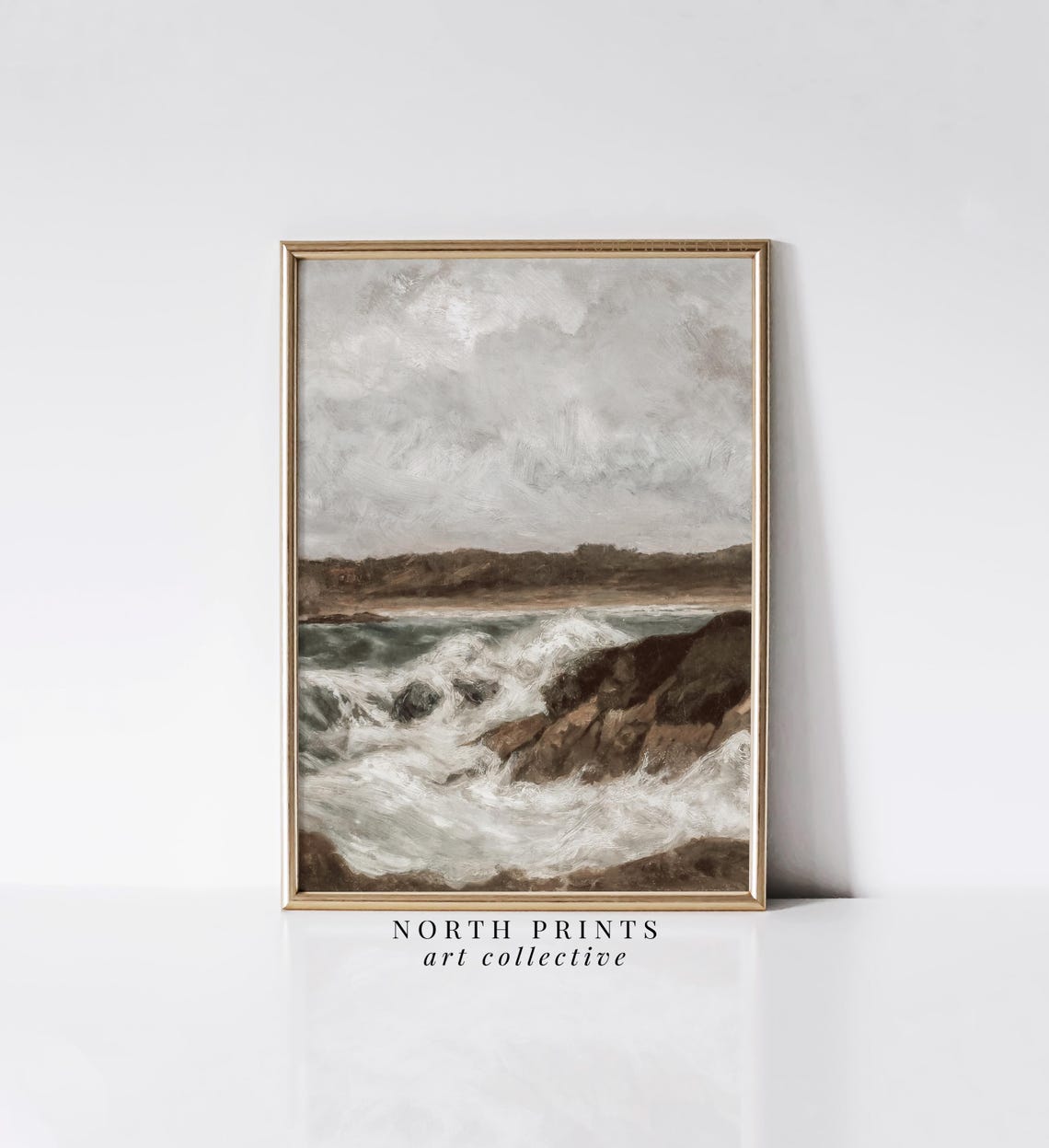 Moody Rustic Ocean Waves Rocky Coast Oil Seascape Painting Poster - Image 2