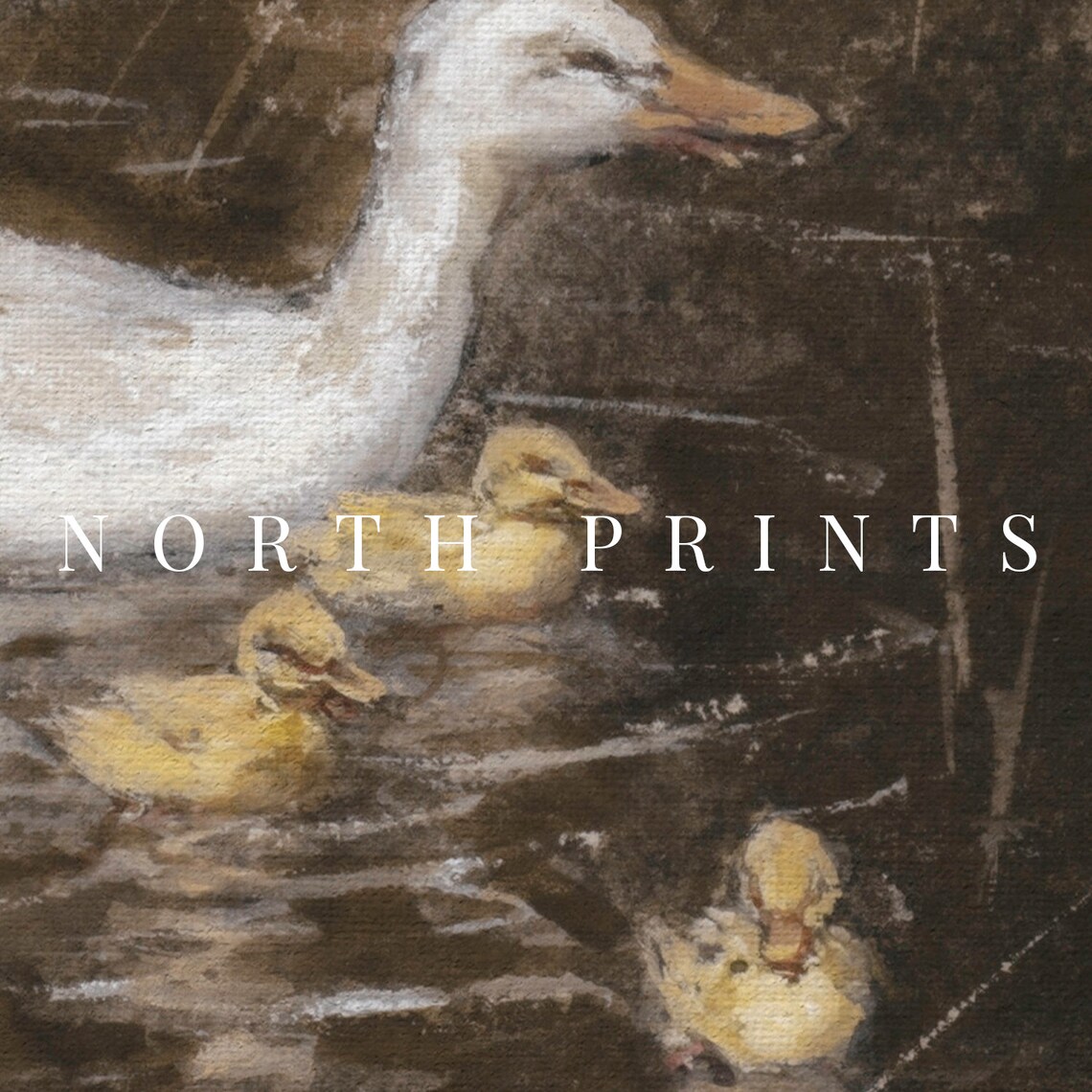 White Mother Duck Ducklings Pond Moody Vintage Wildlife Art Print - Image 2