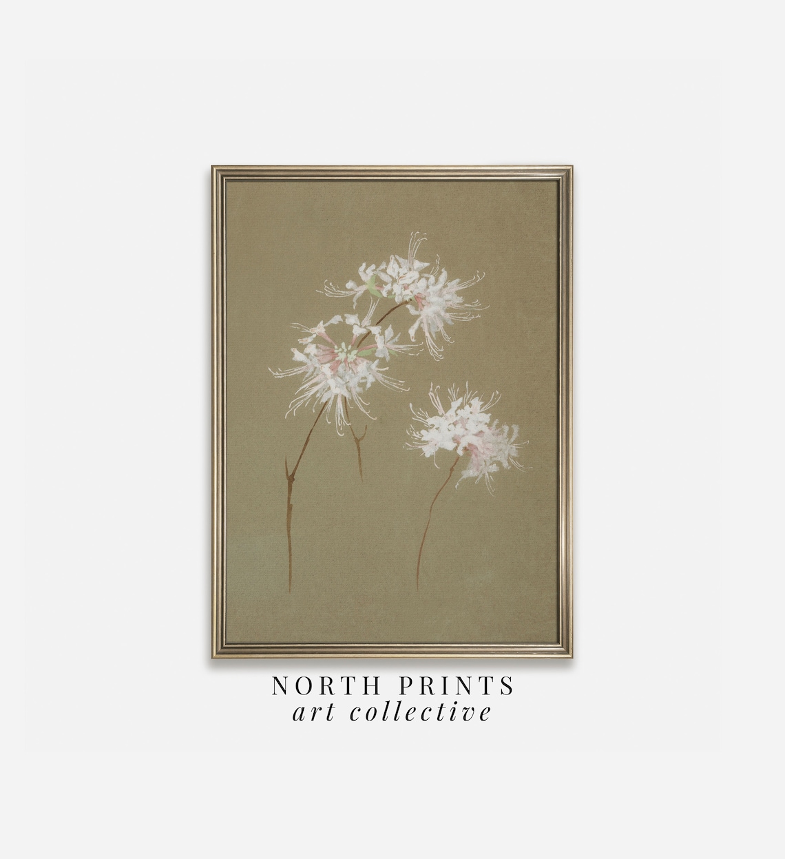 White Blossom Neutral Botanical Olive Green Vintage Style Poster