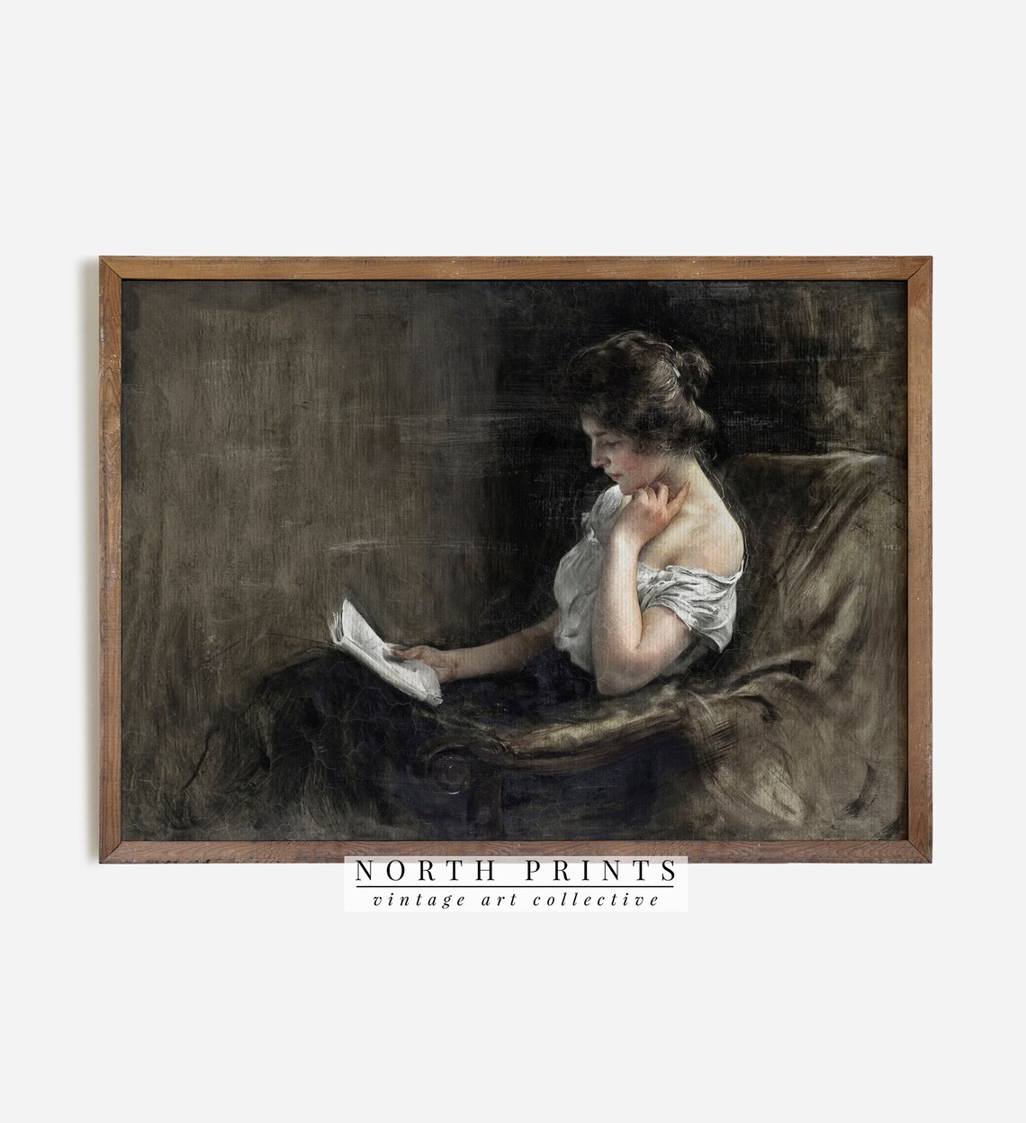 Moody Woman Reading Book Vintage Oil Painting Dark Antique Literary Print - Image 2
