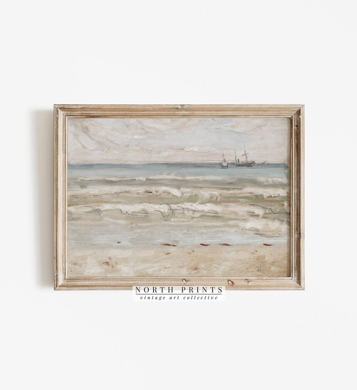 Vintage Beach Surf Sailing Ship Horizon Soft Coastal Oil Painting Wall Print - Image 4