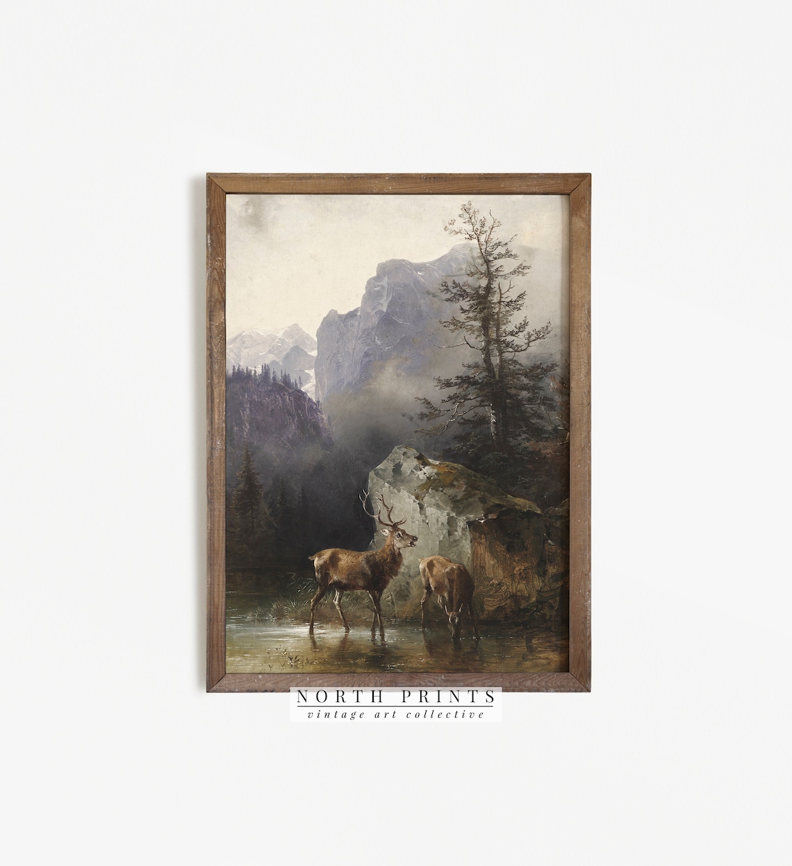 Rustic Deer Painting Vintage Landscape Art Print