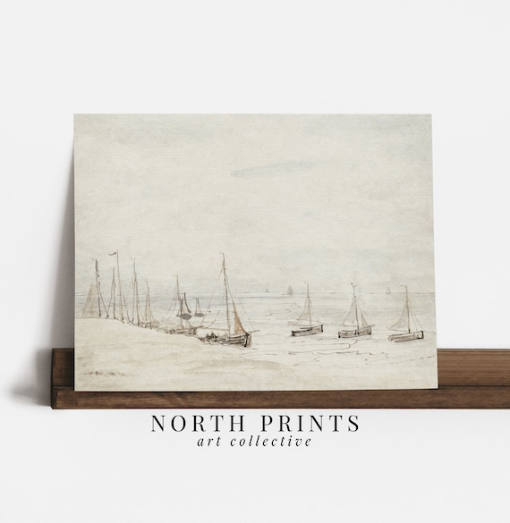 Minimalist Neutral Beach Sailboats Sketch Vintage Coastal Line Art Print
