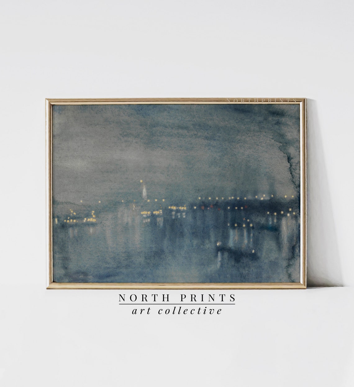 Dark Blue Evening City Skyline Night Lights Water Reflections Poster - Image 4