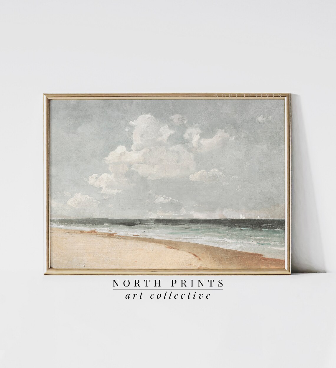 Vintage Beach Seascape Painting Sandy Shore Cloudy Sky Coastal Art Poster - Image 3