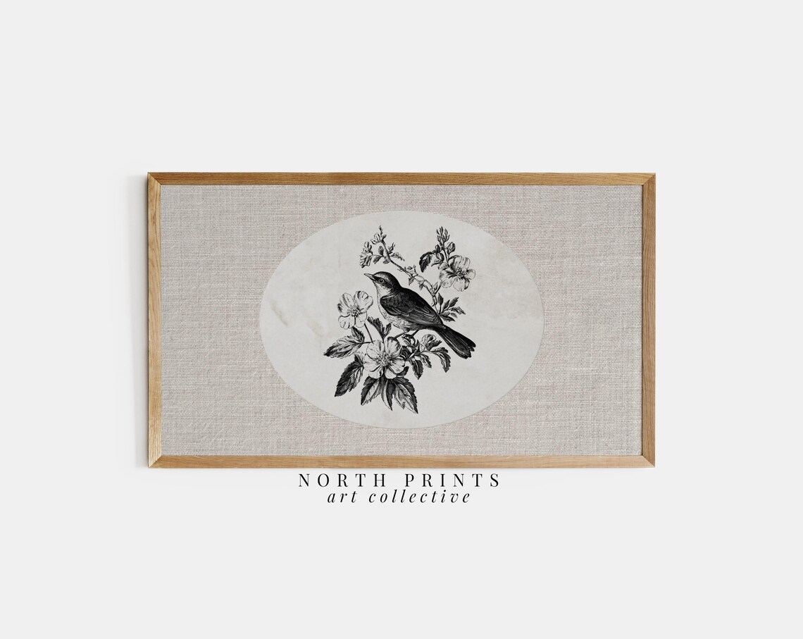 Bird On Blossom Branch Oval Engraving Vintage Bird Art Print