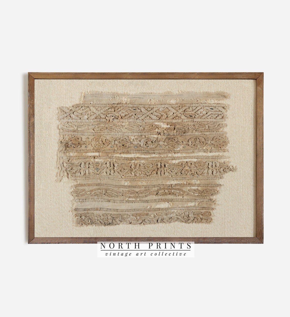Antique Beige Textile Embroidery Fragment Vintage Tapestry Print - Image 2