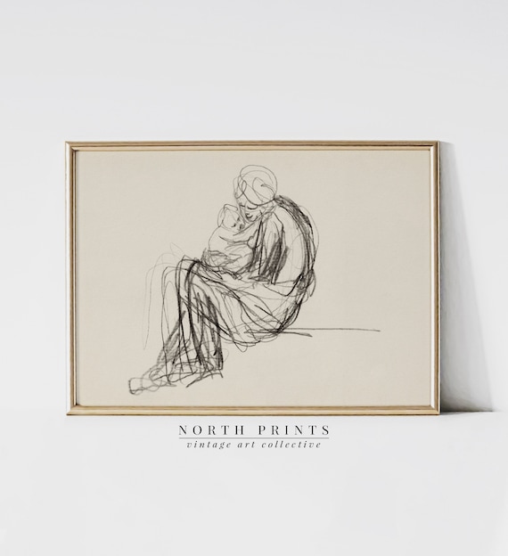 Vintage Mother and Child Sketch, Neutral Line Drawing