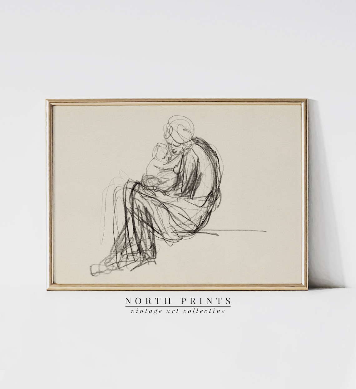 Vintage Mother and Child Sketch, Neutral Line Drawing