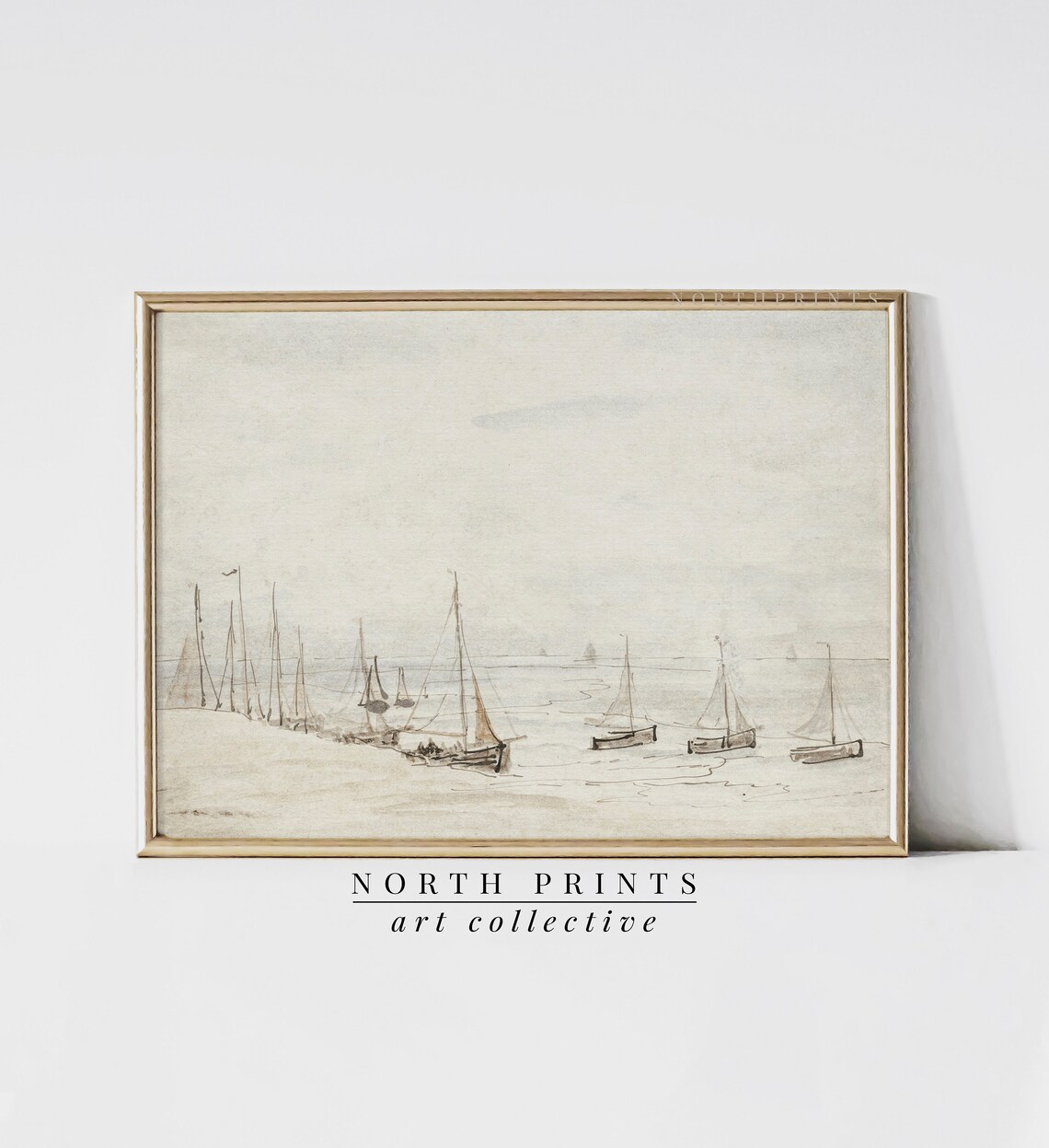 Minimalist Neutral Beach Sailboats Sketch Vintage Coastal Line Art Print - Image 3
