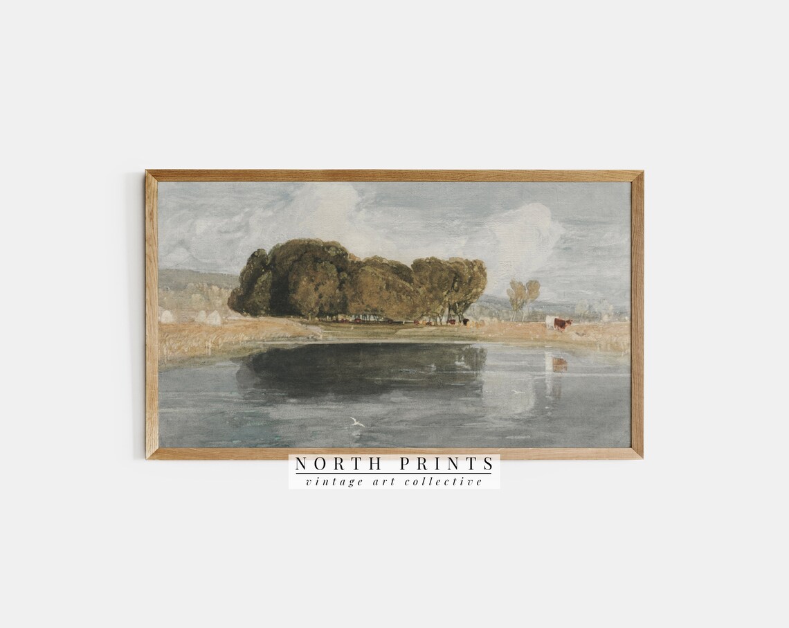 River Bend Wooded Island Cows Watercolor Summer Travel Poster
