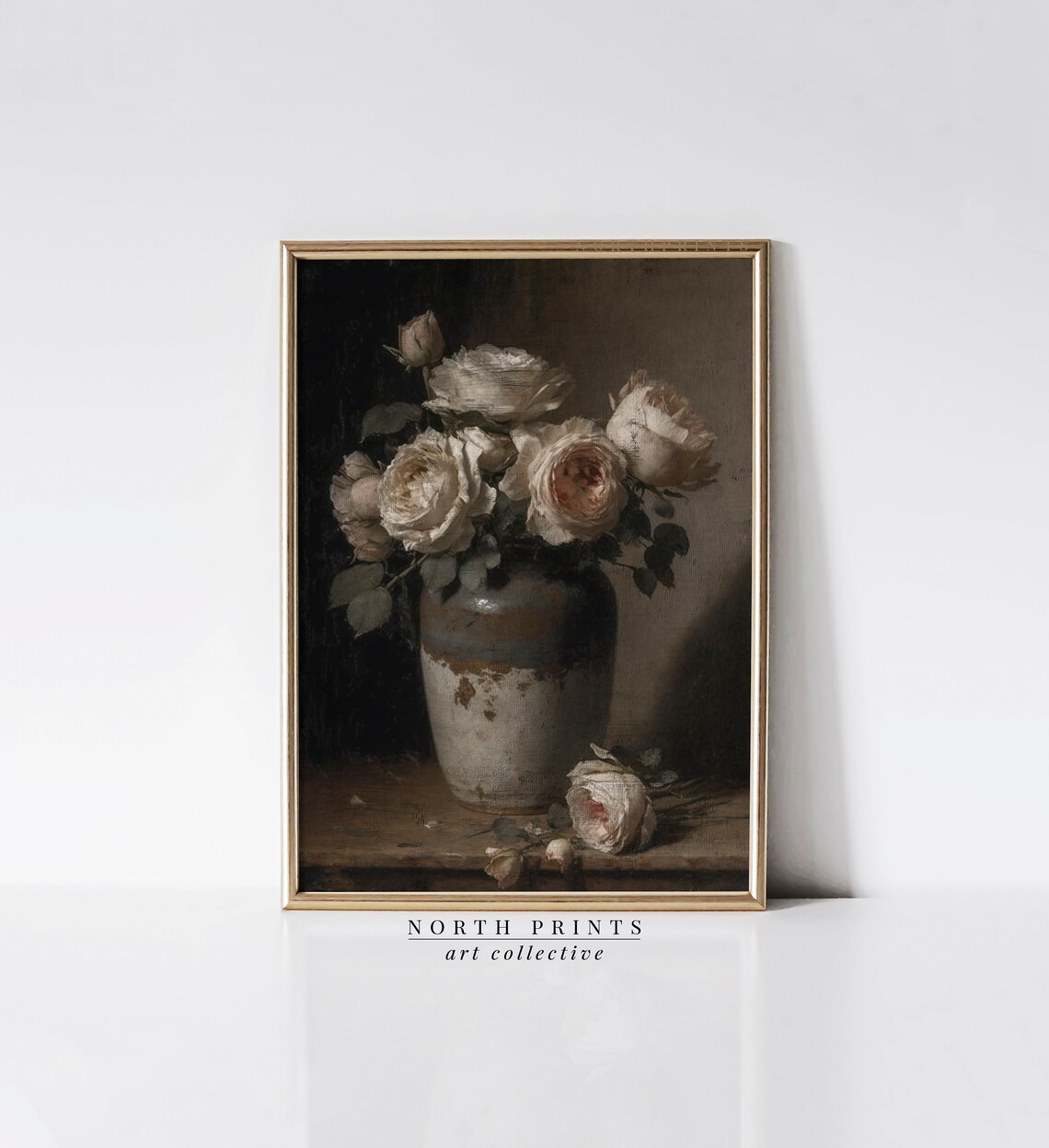Rustic Still Life Roses, Neutral Farmhouse Art Print