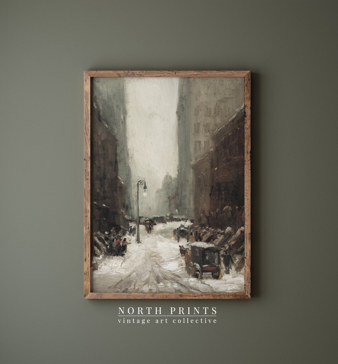 Snowy Old City Street Horse Carriages Moody Winter Painting Poster - Image 3
