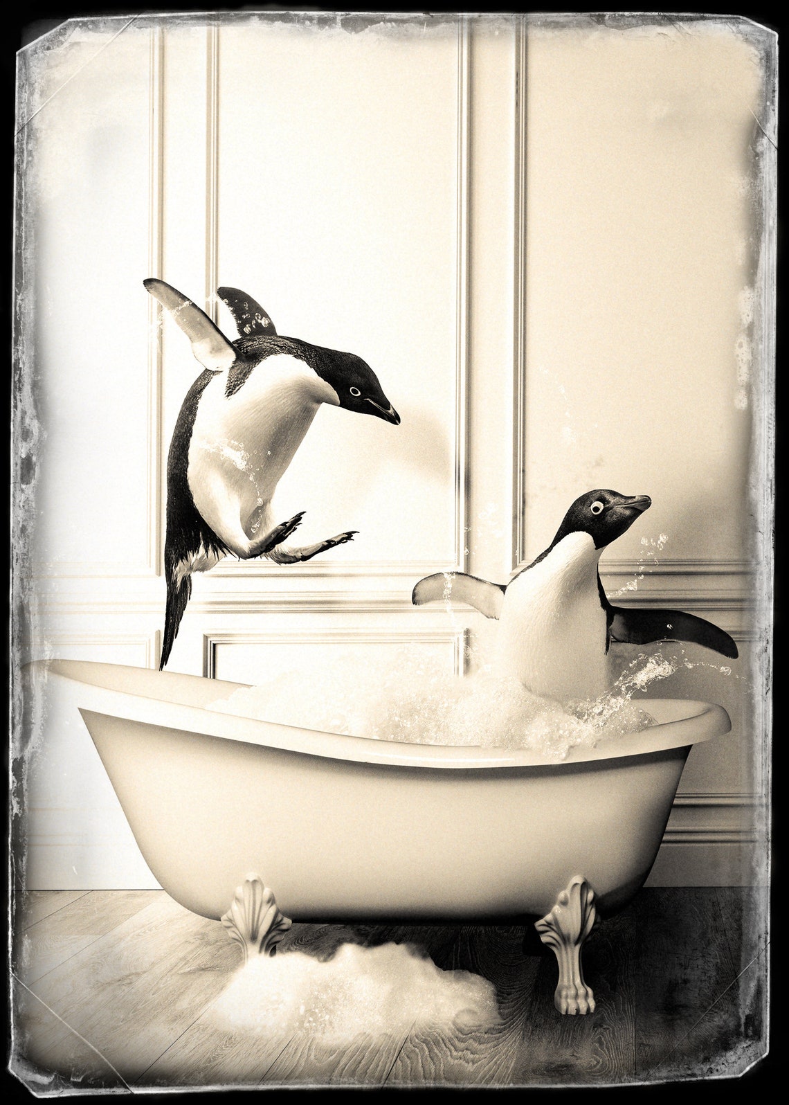 Penguins In Bathtub Vintage Sepia Funny Bathroom Photo Print - Image 2