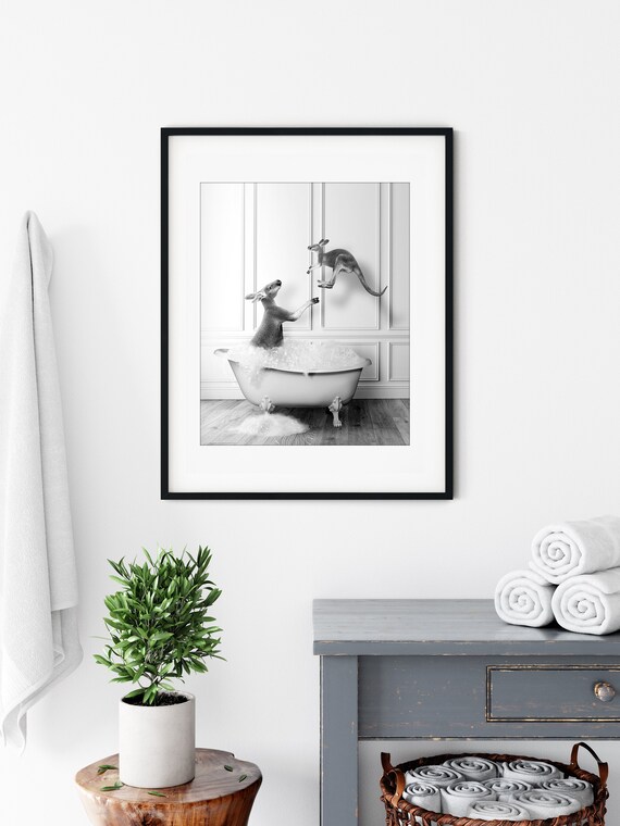 Cute Kangaroos In Tub Bathroom Art Print
