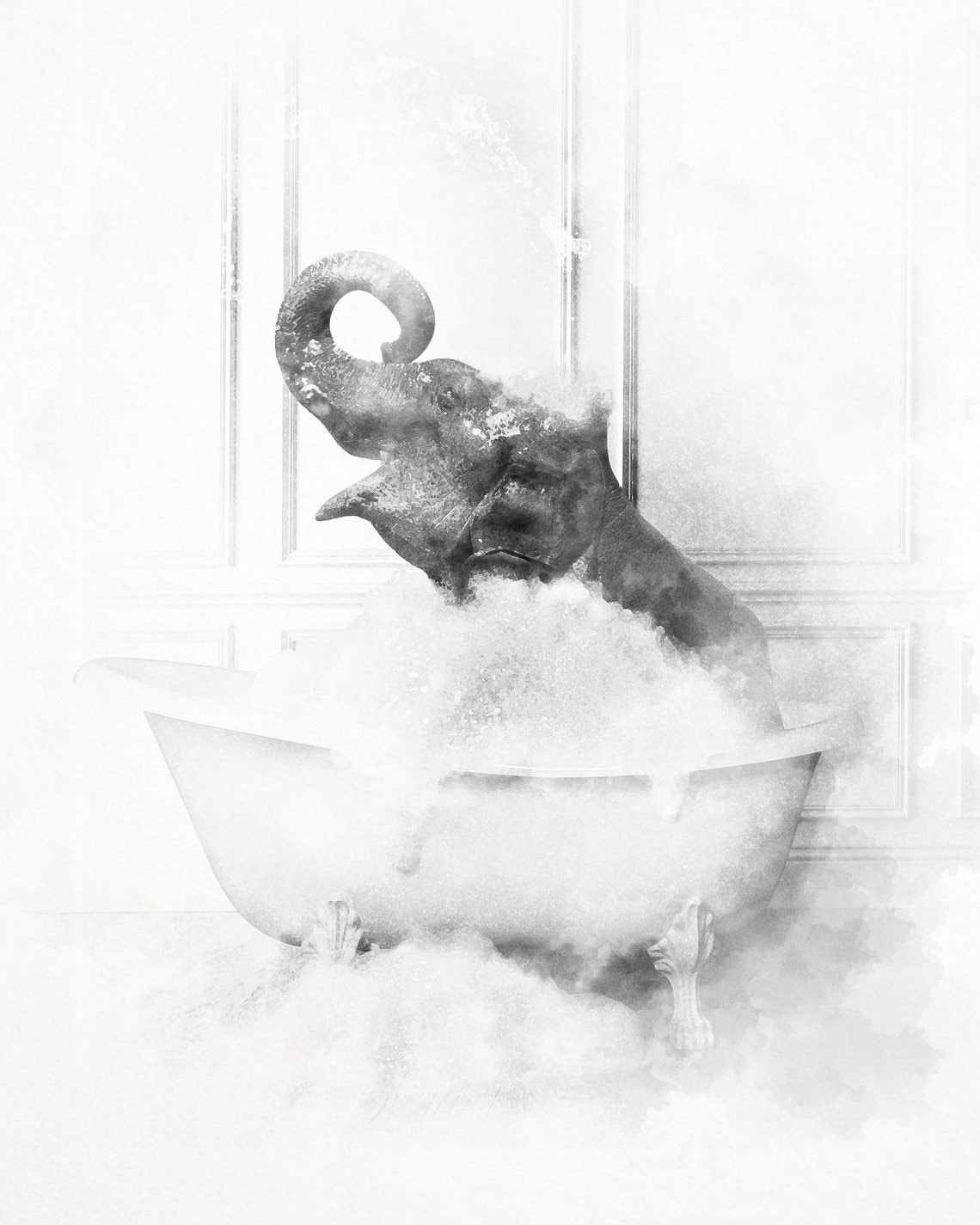 Elephant In Bathtub Black And White Whimsical Bathroom Print - Image 2