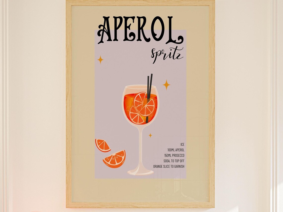 Retro Aperol Cocktail Print, Vintage Home Bar Decor