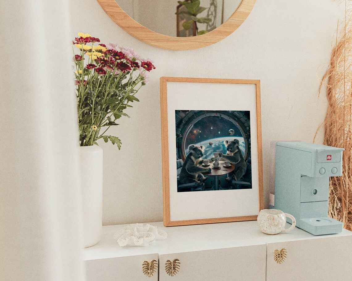 Two Koalas Drinking Tea in Outer Space Whimsical Animal Poster - Image 3