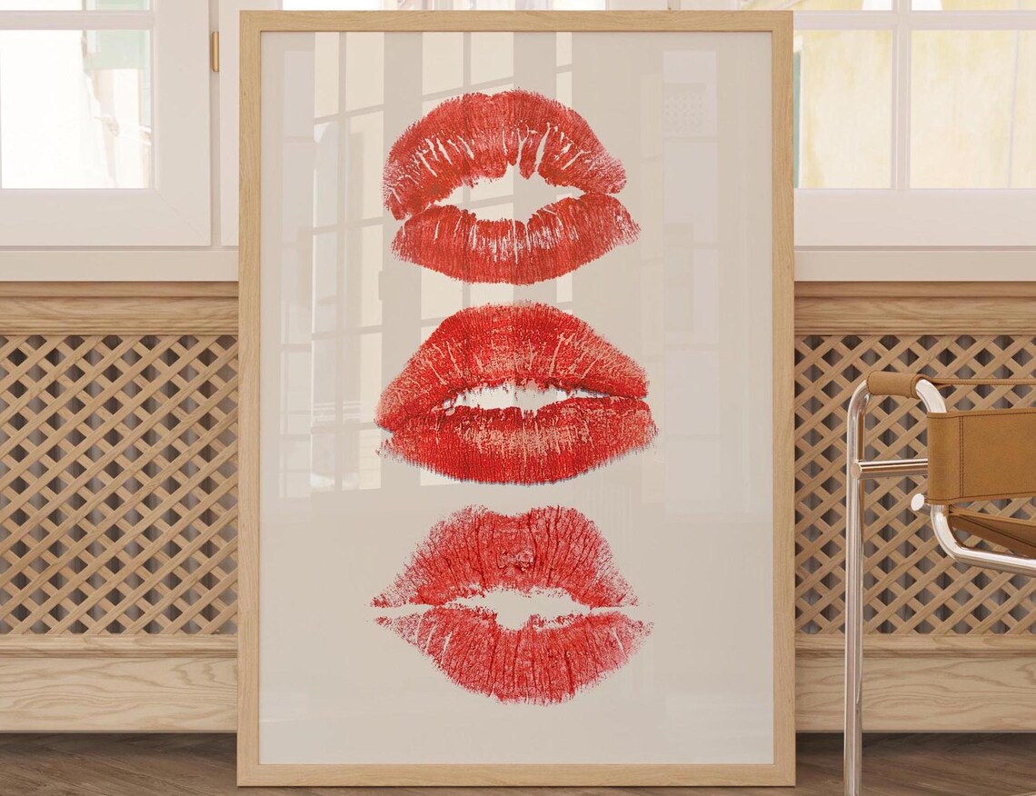 Red Lipstick Kiss Marks Triple Fashion Makeup Lover Bold Wall Poster Art