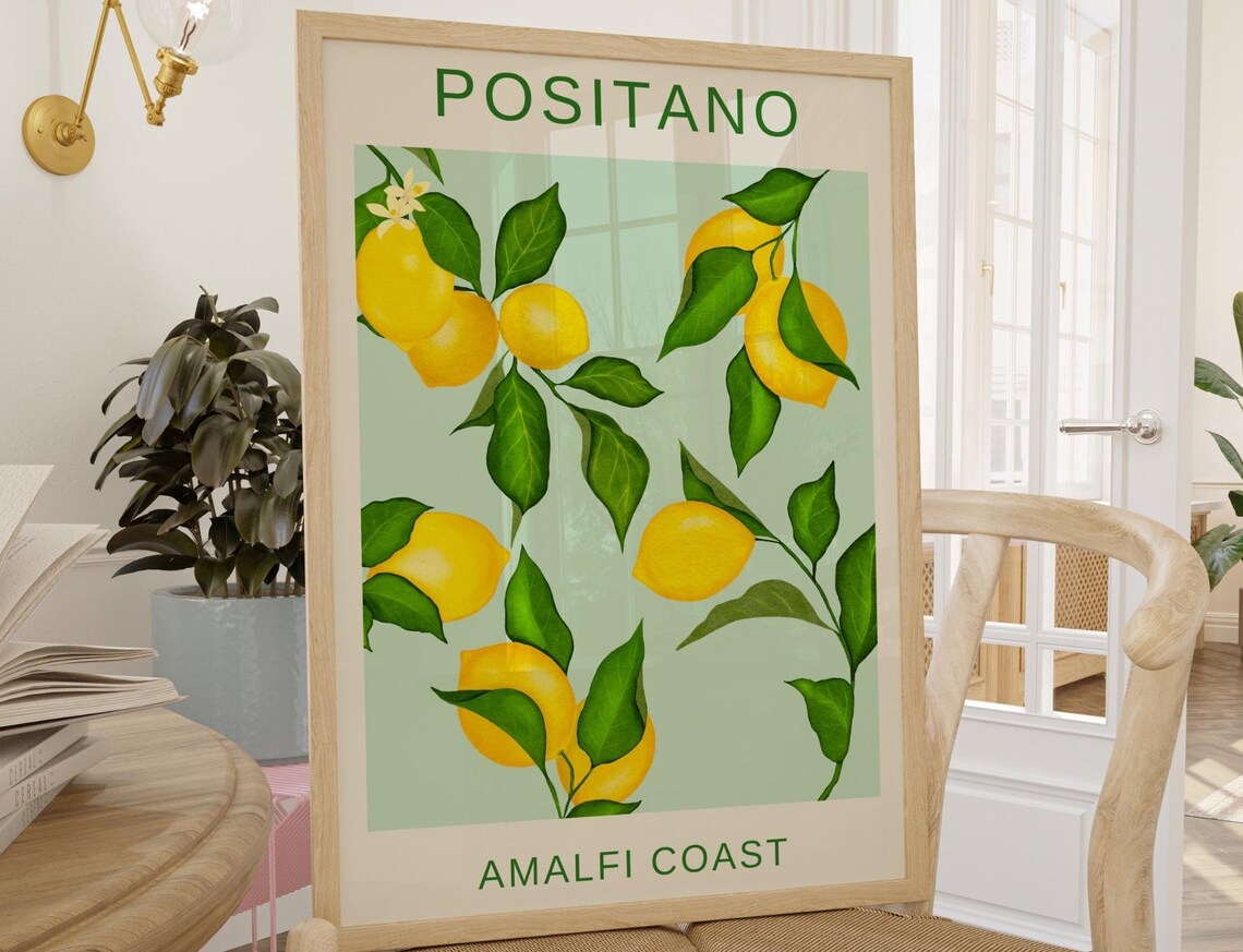 Positano Amalfi Coast Italian Lemon Branch Botanical Travel Poster