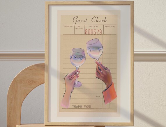 Vintage Guest Check Two Hands Wine Toast Beige Retro Wall Poster